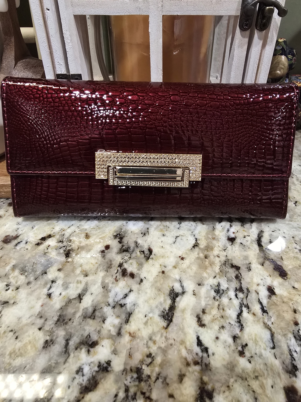 🔥 Croc-Embossed Red Clutch with Gold Accent